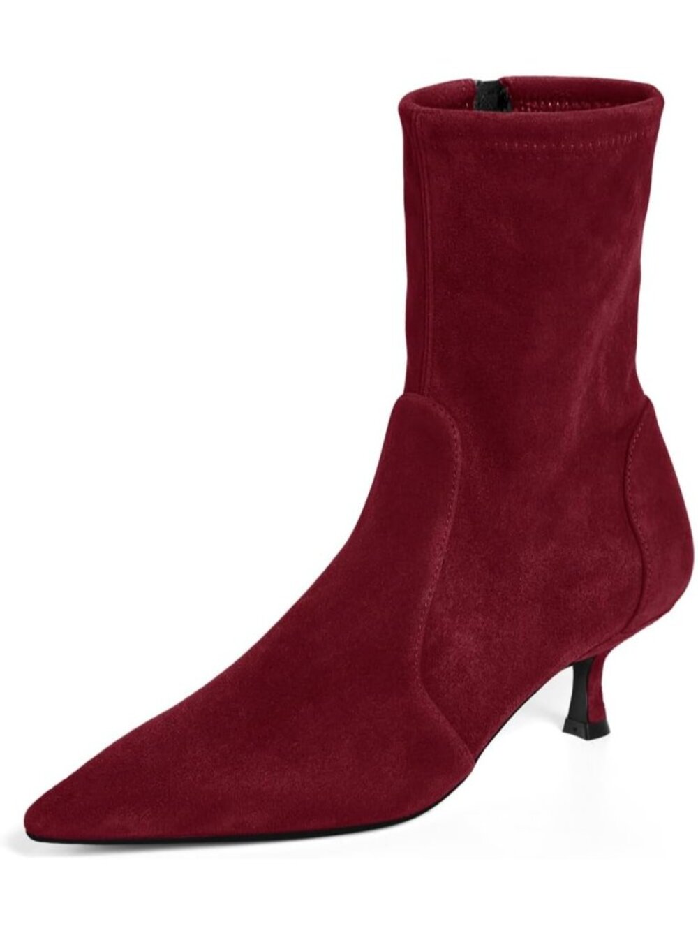 Women's Burgundy Low Kitten Heel Ankle Boot Pointed Toe Booties Side Zip Shoes